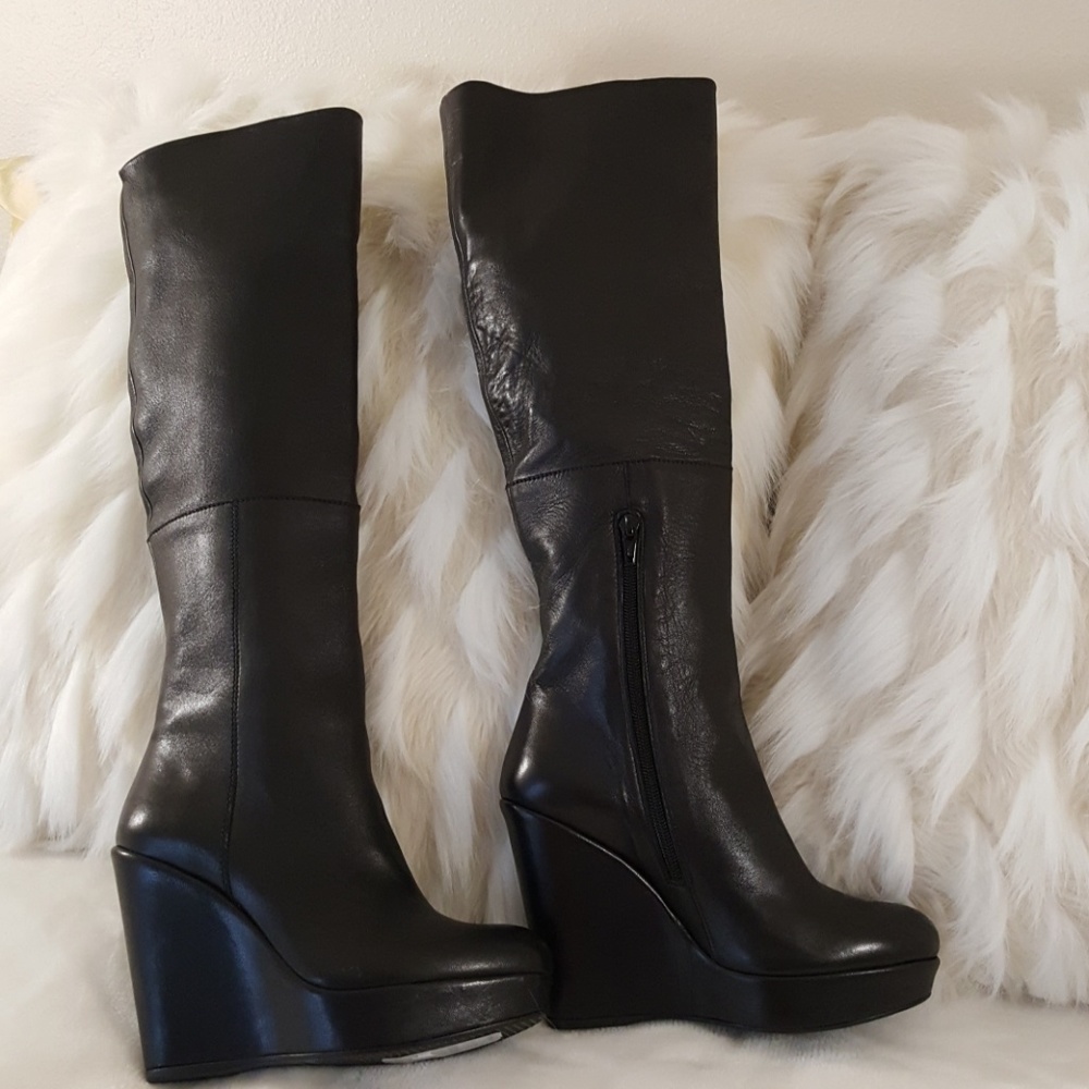 Black Leather Stuart Weitzman Platform Wedge